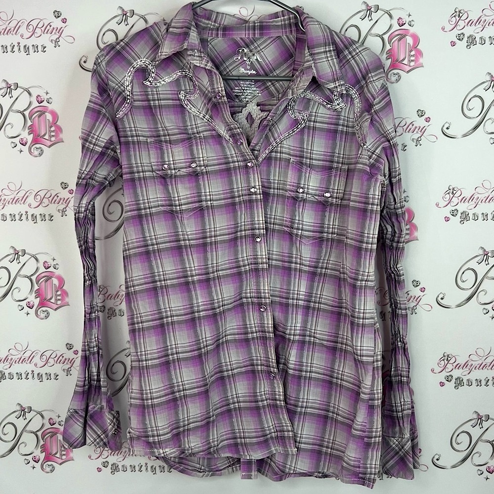 Rock 47 by Wrangler button down embroidery cross back Purple Plaid Casual Shirt